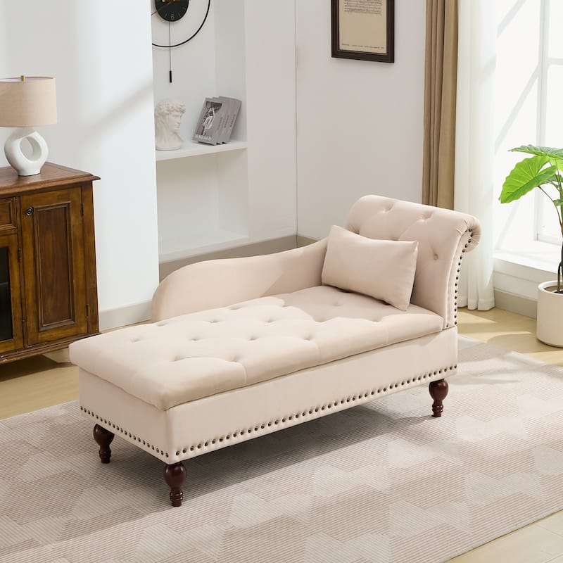 Velvet Chaise Lounge with a Storage Function, Tufted Cushions & Nailheads