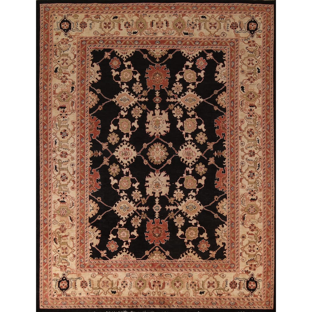 Hand Knotted Oriental 100% Wool Carpet Traditional All-Over Black Peshawar Area Rug - 10' 0'' X 7' 10''