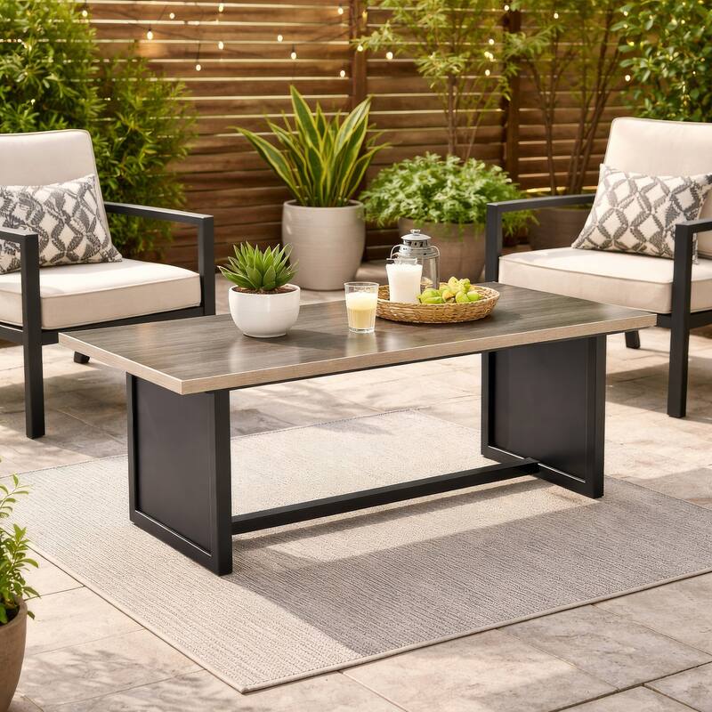 38 Inch Outdoor Table, Rectangular Faux Wood Top, Modern Two Tone Brown