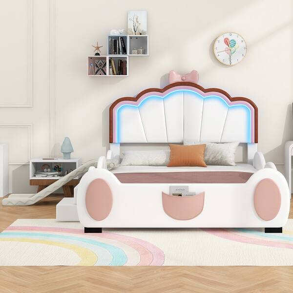 slide 2 of 11, Full PU Upholstered Platform Bed w/ Shell Headboard, Slide, LED Light Pink+White - Full