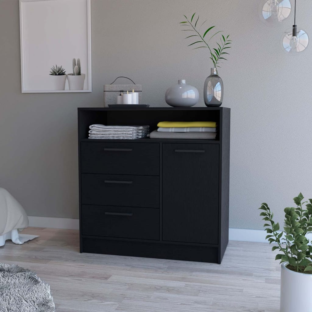 3-Drawer Dresser with Door Cabinet and Open Storage Shelf Featuring Smooth Glide Drawers and Compact Design