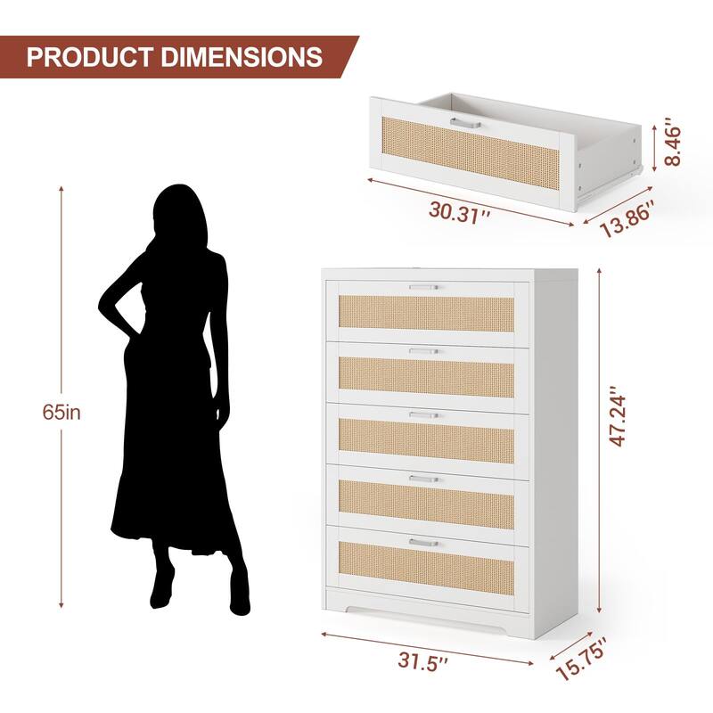 4/5 Drawer Rattan Dresser for Bedroom, Wood Dresser Chest of Drawers with Power Outlets