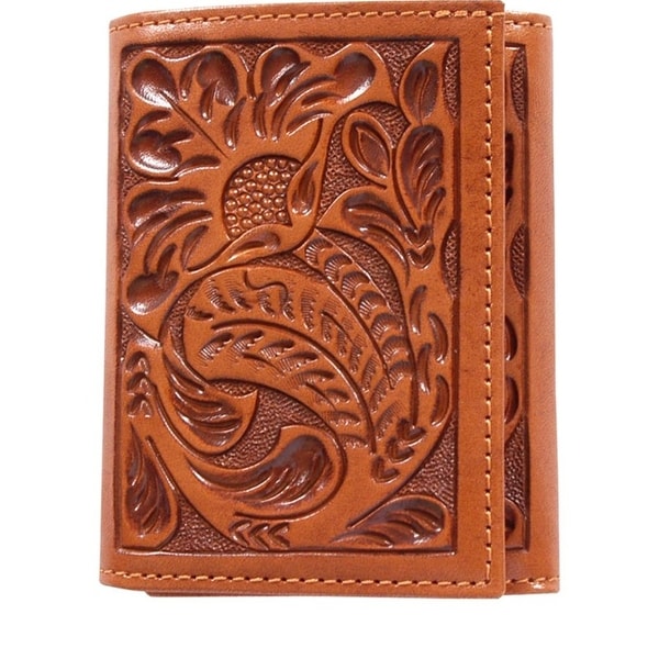 3D Western Wallet Men Leather Trifold Tooled Floral Natural - One size