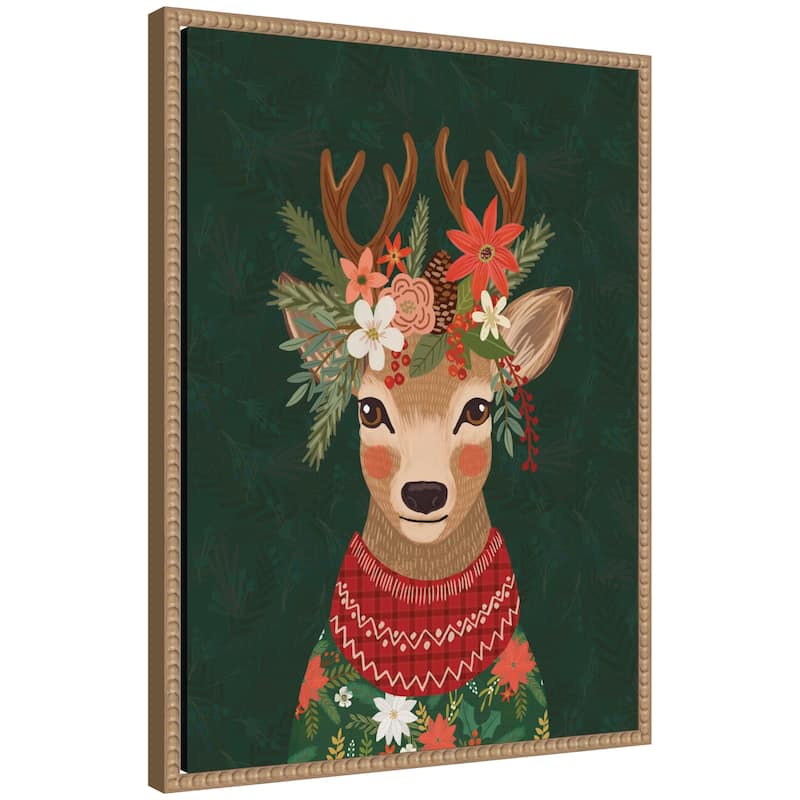 Kate and Laurel Sylvie Beaded Christmas Deer Framed Canvas by Mia Charro - Sylvie Beaded Rustic Natural - 18x24