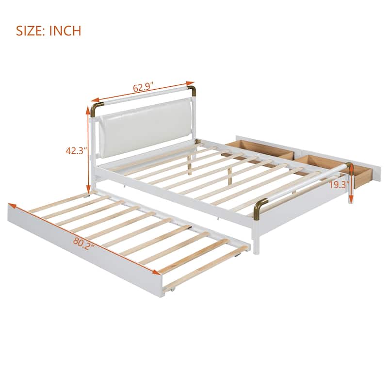 Queen Size Wood Platform Bed with 2 Drawers and T-XL Size Trundle