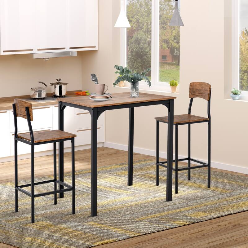 Modern Space-Saving 5-Piece MDF Dining Table Set Including 4 Stools with Steel Frame and Footrest - 35.5" L x 35.5" W x 35.5" H - Walnut-Black 
