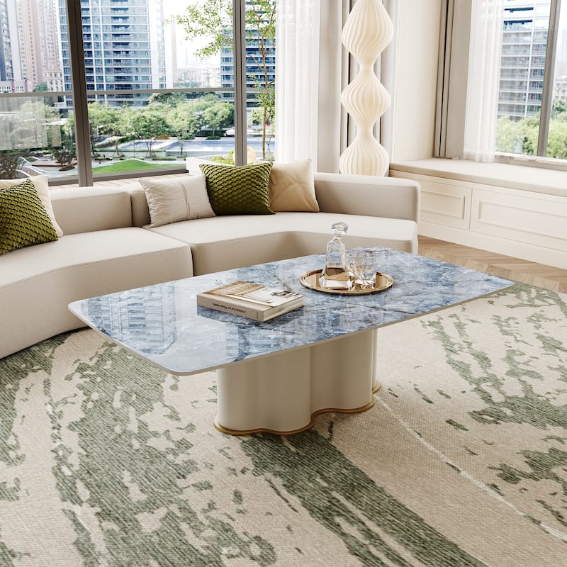 51" Modern Retangular Coffee Table, Blue Glossy Sintered Stone Table top