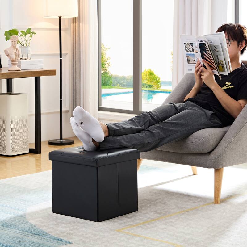 2 PC Storage Folding Ottoman, Storage Footrest Stool, Faux Leather Storage Bench Cube with Padded Seat for Small Space