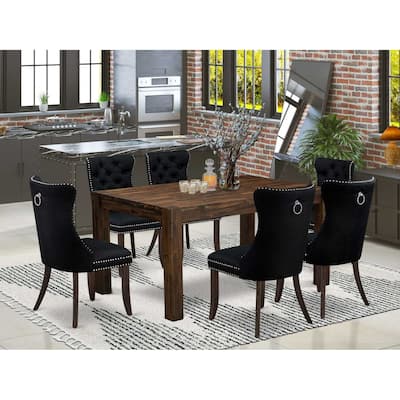 HomeStock 7-Piece Rectangle Distressed Jacobean Finish Solid Wood Top Dining Table with 6 Chairs