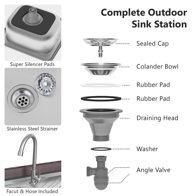 39.4" Outdoor Kitchen Island with 304 Stainless Steel Sink, Faucet & Storage Cabinet
