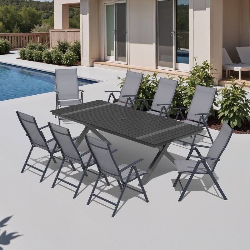 9PCS Outdoor Aluminum Rectangular Dining Table with Umbrella Hole and Folding Chairs