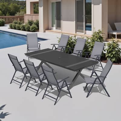 9PCS Outdoor Aluminum Rectangular Dining Table with Umbrella Hole and Folding Chairs