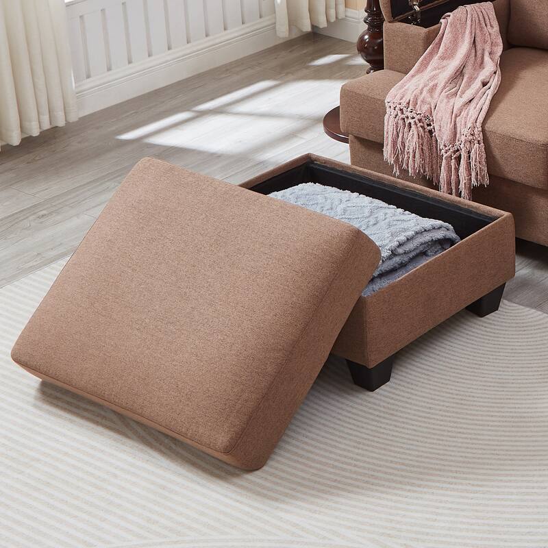 L Shaped 3 Seats Sofa with Armrest Organizer, Linen Sectional Sofa with Movable Ottoman, Comfy Upholstered 3 Seater Couch,