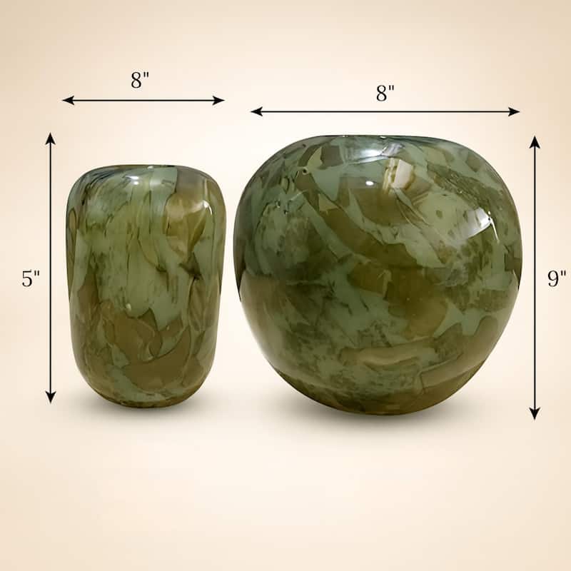 Aria Home Green Handblown Round Glass Vases Set of Two with Abstract Design
