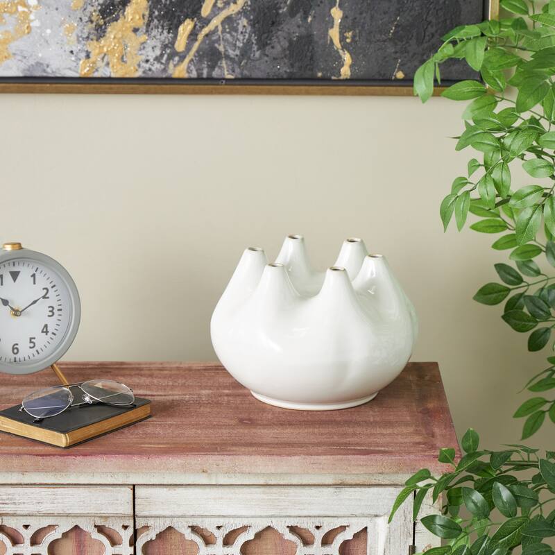 White Ceramic Round Wide Decorative Vase with Multiple Openings - White