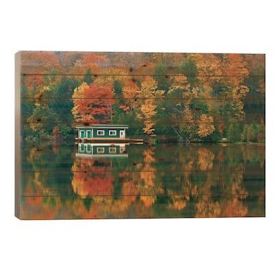 Canada, Ontario, Rosseau. Boathouse and reflection in autumn. Print On Wood by Jaynes Gallery - Multi-Color