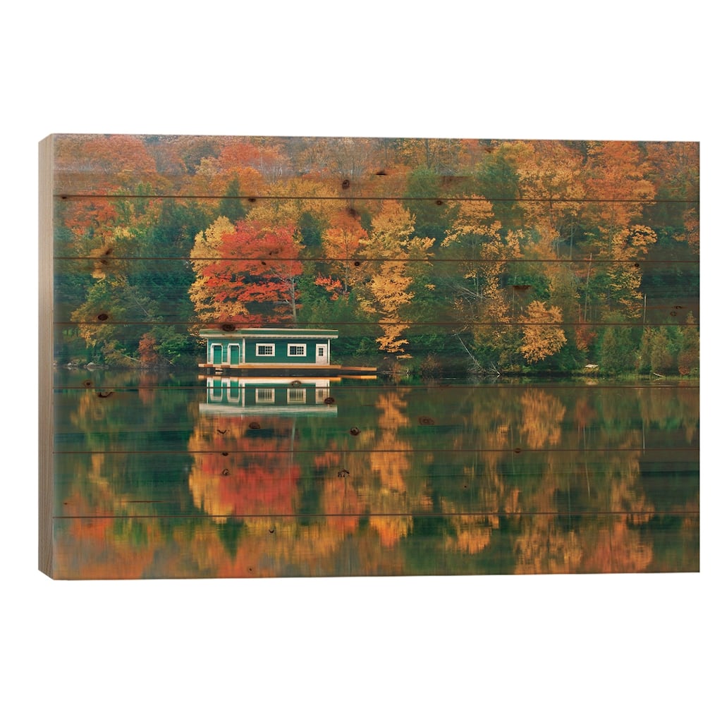 Canada, Ontario, Rosseau. Boathouse and reflection in autumn. Print On Wood by Jaynes Gallery - Multi-Color