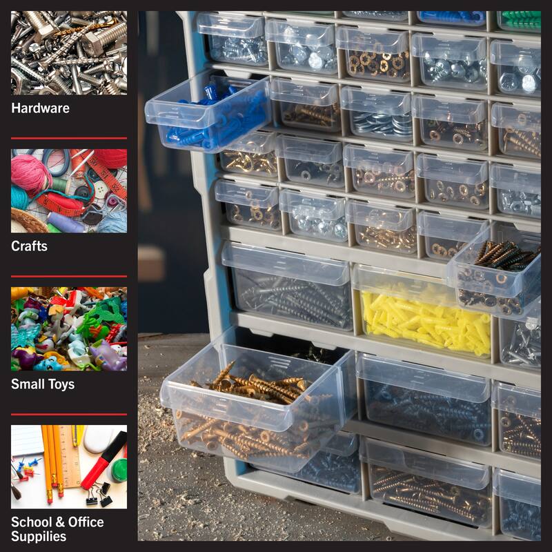 39-Drawer Plastic Small Parts Organizer - Desktop or Wall Storage Drawers for Organizing Hardware by Stalwart (Black)