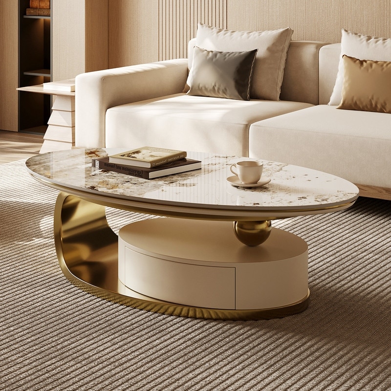 51" Modern Oval Coffee Table, Sintered Stone Top, Gold legs, Drawer - 51.2" X 27.5"