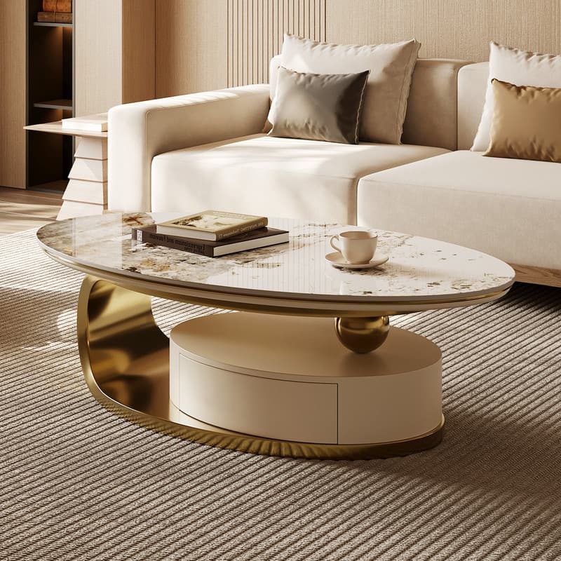 51" Modern Oval Coffee Table, Sintered Stone Top, Gold legs, Drawer - 51.2" X 27.5"