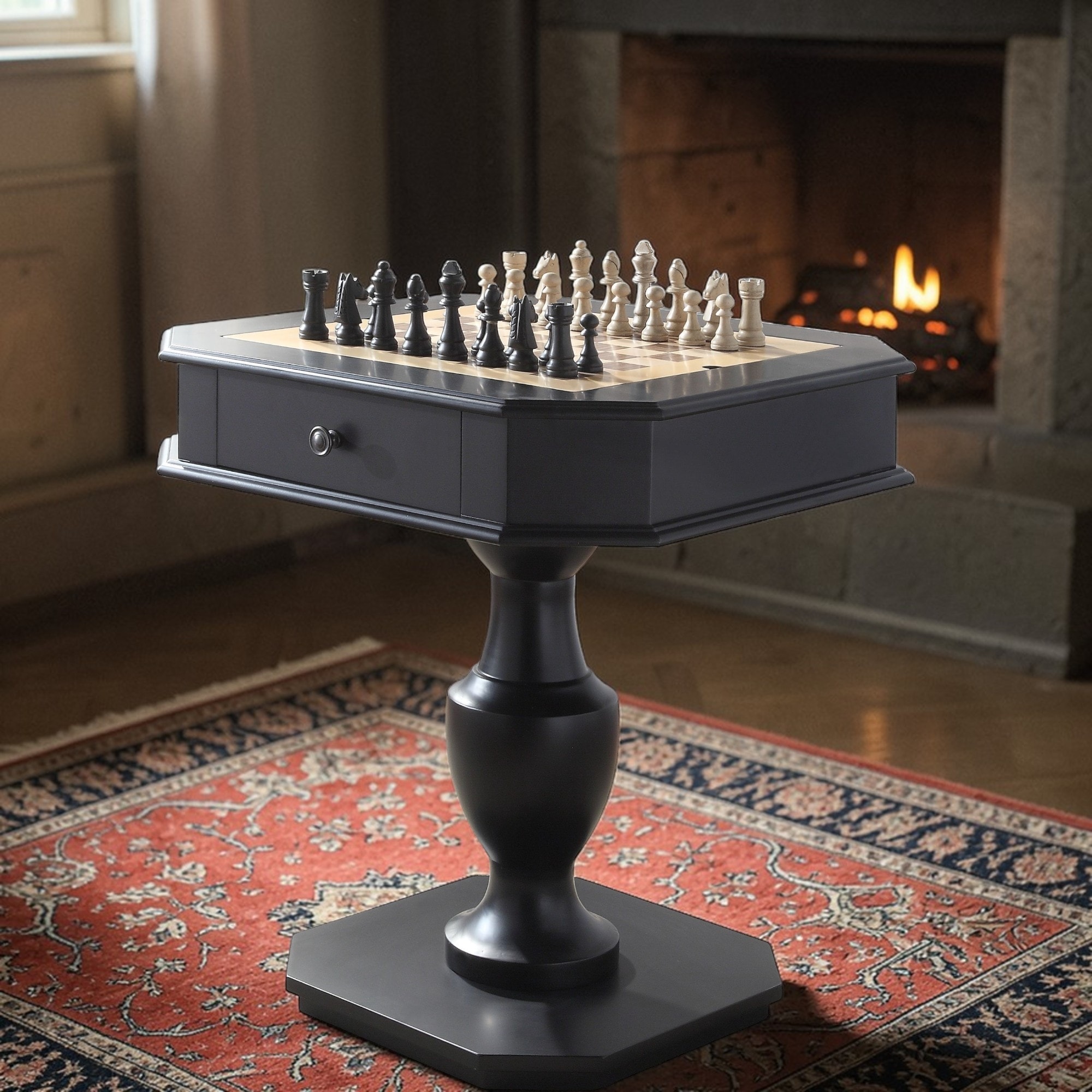 Galini Modern Game Table with Reversible Game Board, Storage Drawers and Pedestal Base by GDFStudio