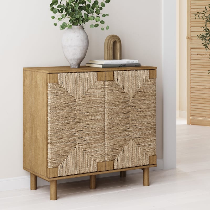 Nathan James Beacon Wood Accent Cabinet with Seagrass Doors and Adjustable Shelf - Brown