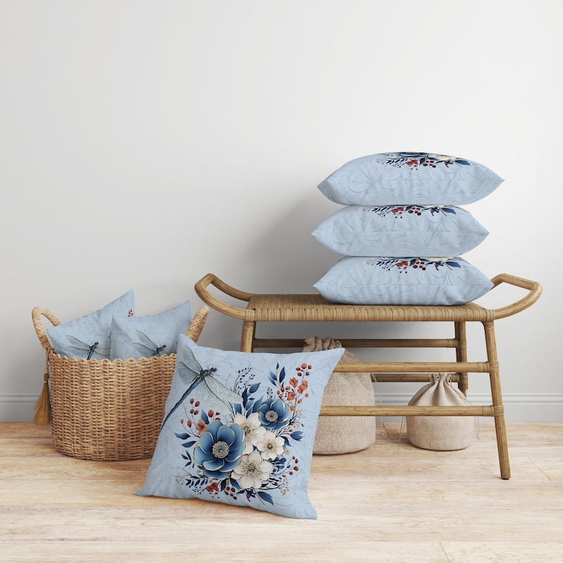 Dragonfly Haven Faux Suede Reversible Throw Pillow Blue and Cream