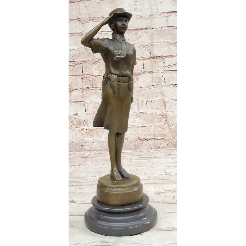Hot Cast Bronze Figure Sculpture Female Cadet Soldier Officer On Marble Base