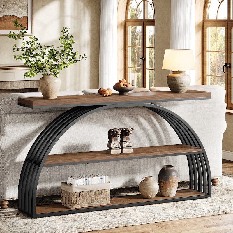 63 Inch Console Table, 3-Tier Entryway Table with Arched Metal Frame