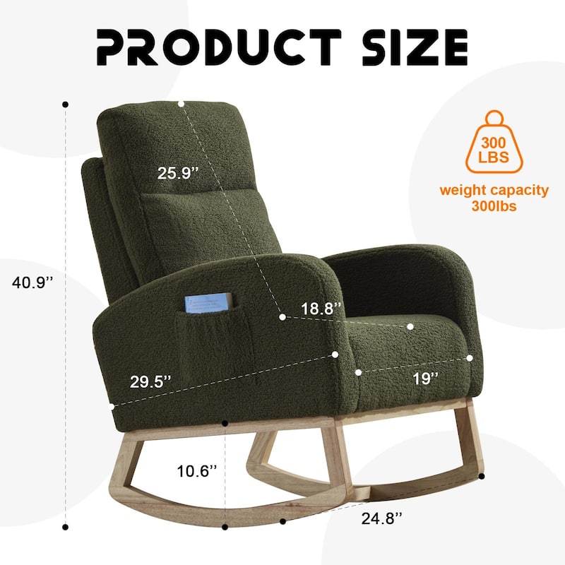 Solid Wood Modern Rocking Chair with High Back and Pocket - 29.5" D x 24.8" W x 40.9" H