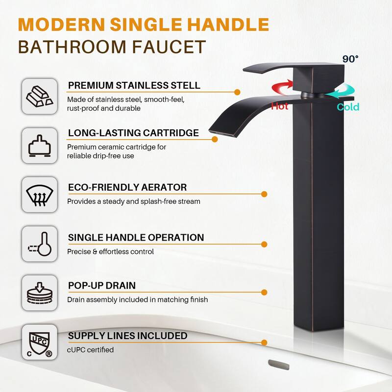 WOWOW Single Handle Single Hole Waterfall Bathroom Vessel Faucet