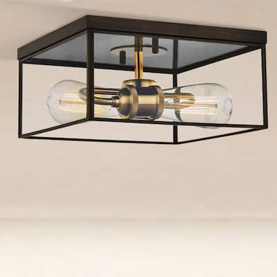 2-Light Brass Flush Mount Ceiling Light with Tempered Glass - Dark Bronze