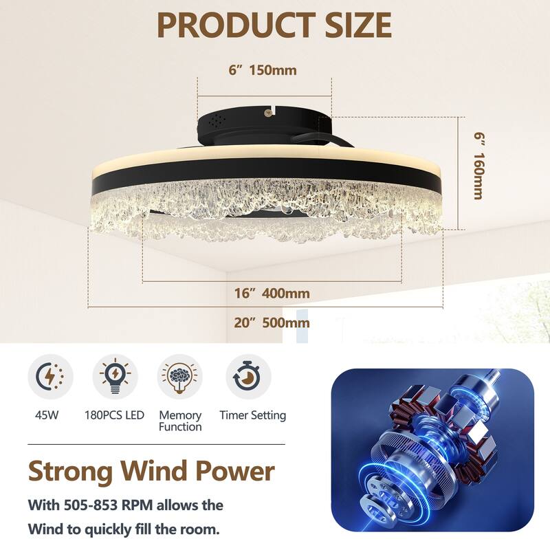 20" Smart Silent Ceiling Fan with Light - Crystal Flush Mount LED Fan Lamp with Hidden Blades and Natural Airflow System - Black