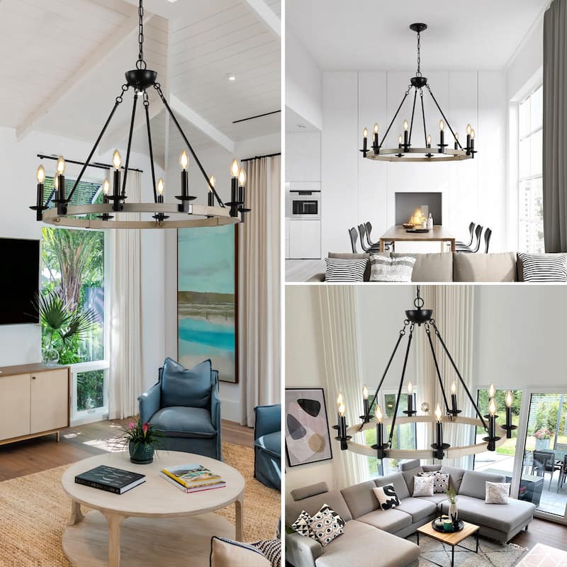 32" Rustic Farmhouse 10-Light Candle Chandelier, Black Metal and Wood Round Hanging Light Fixture for Dining Room,Living Room