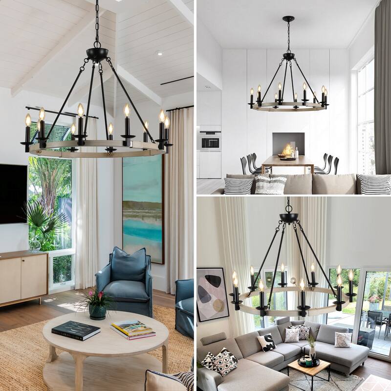 Farmhouse 10-Light Candle Chandelier, Black Metal and Wood Round Hanging Light, Adjustable Height, for Dining Room or Kitchen