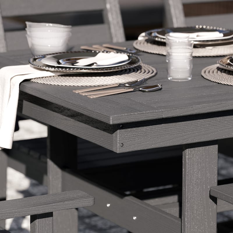 Outdoor Dining Table and Chair Set: HDPE Material, Wood - Grain Design