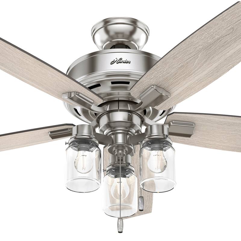 Hunter 52" Declan Pass Brushed Nickel Ceiling Fan with LED Light Kit and Pull Chain - Industrial, Farmhouse, Rustic