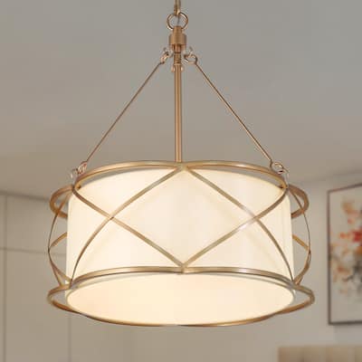 Modern Farmhouse 3-light Gold Chandelier Classic Drum Lantern Metal Ceiling Light with Fabric Shade - D15.5"x H 80"