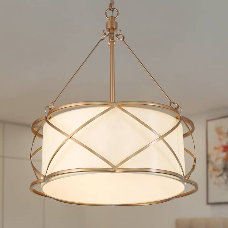 Transitional Drum Chandelier Fabric Cross Metal Ceiling Light 3-light for Dining Room - Rose Gold - D15.5"x H 19"