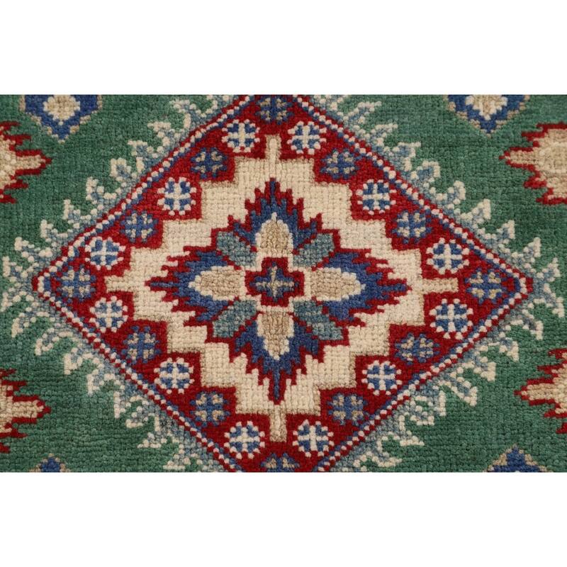 Green Geometric Kazak Foyer Rug Hand-Knotted Wool Carpet - 3'3" x 4'10"