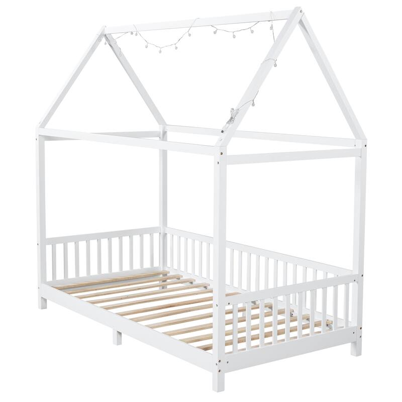 Kids Wooden Bed with Roof and Fence Style Frame, LED Lights and Full Guardrail Design