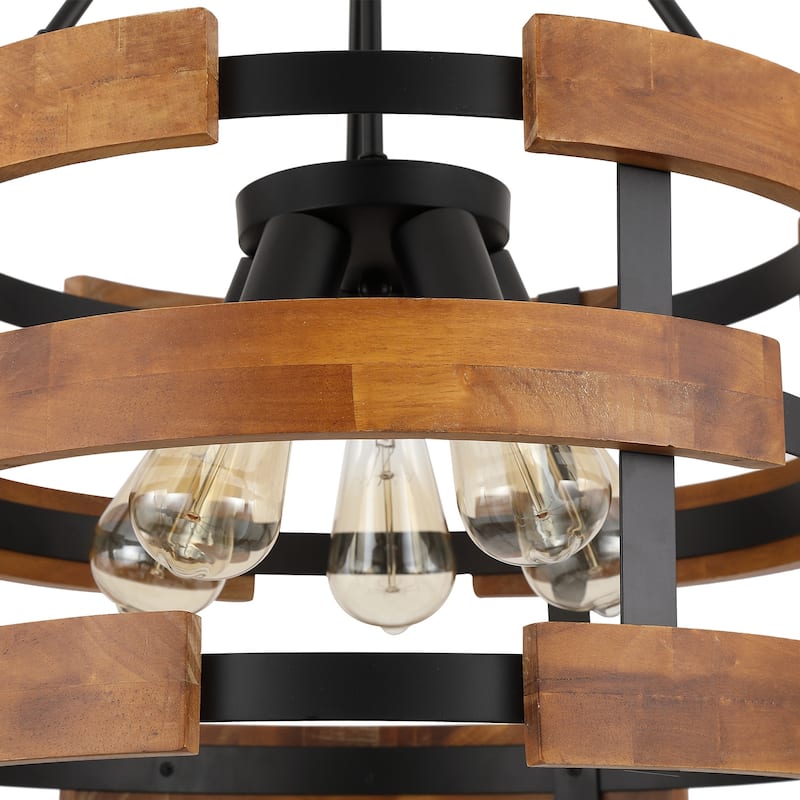 Modern Farmhouse 5-Light Drum Wood Chandelier Round Pendant Lights for Dining Room - 18" D x 24" H