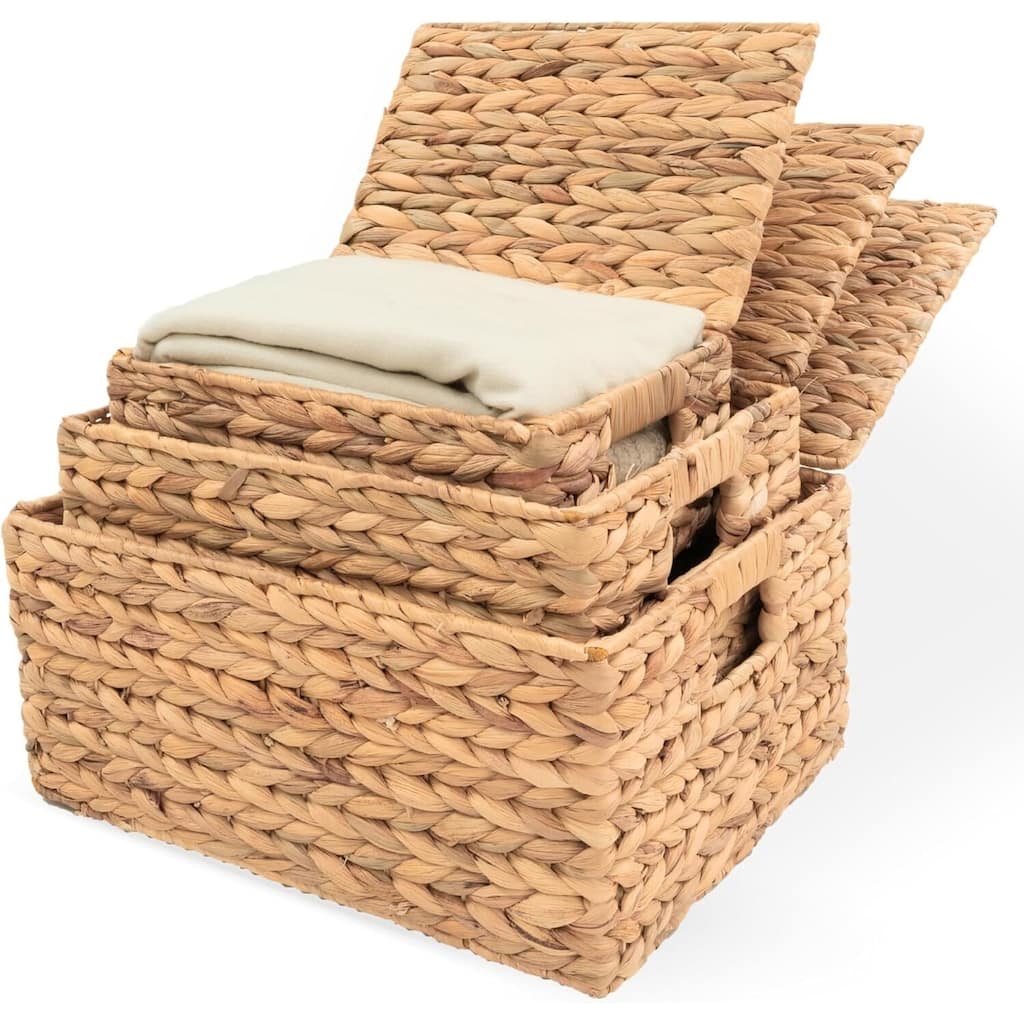 Wicker Storage Baskets with Lid, Basket With Lid Decorative Storage Rectangle - 14"D x 6.99"W x 11"H
