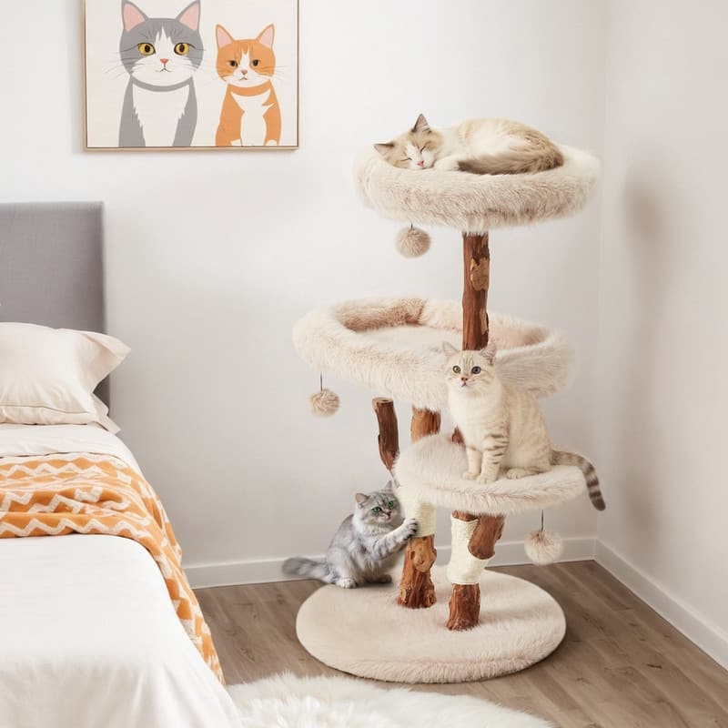 46"H Wood Cat Tree Tower with Scratching Posts, Modern Cat Furniture for Indoor Cats