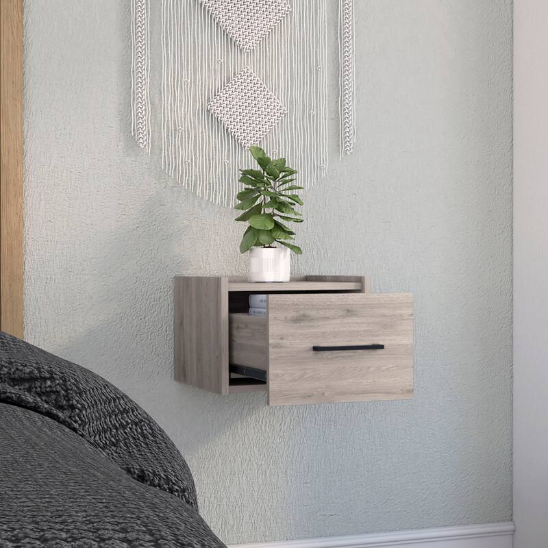 Floating Wall-Mounted Nightstand with Drawer - Light Grey, Space-Saving Bedroom Side Table