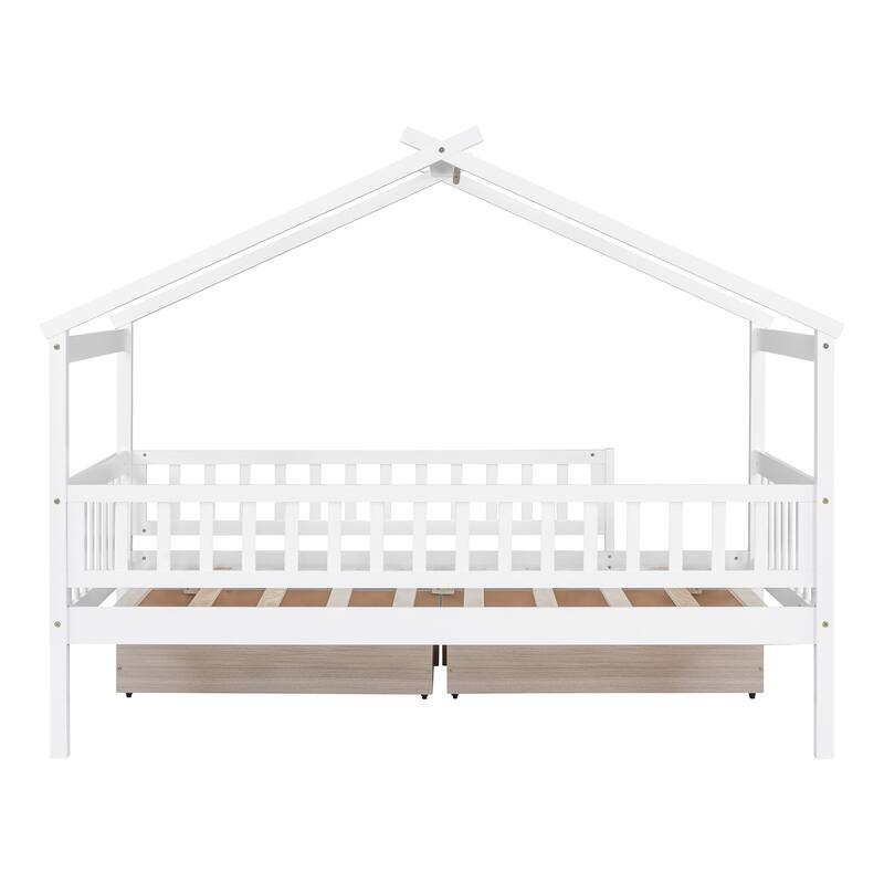 Twin Size House Bed with Two Drawers and Roof Design, Pine Wood Frame