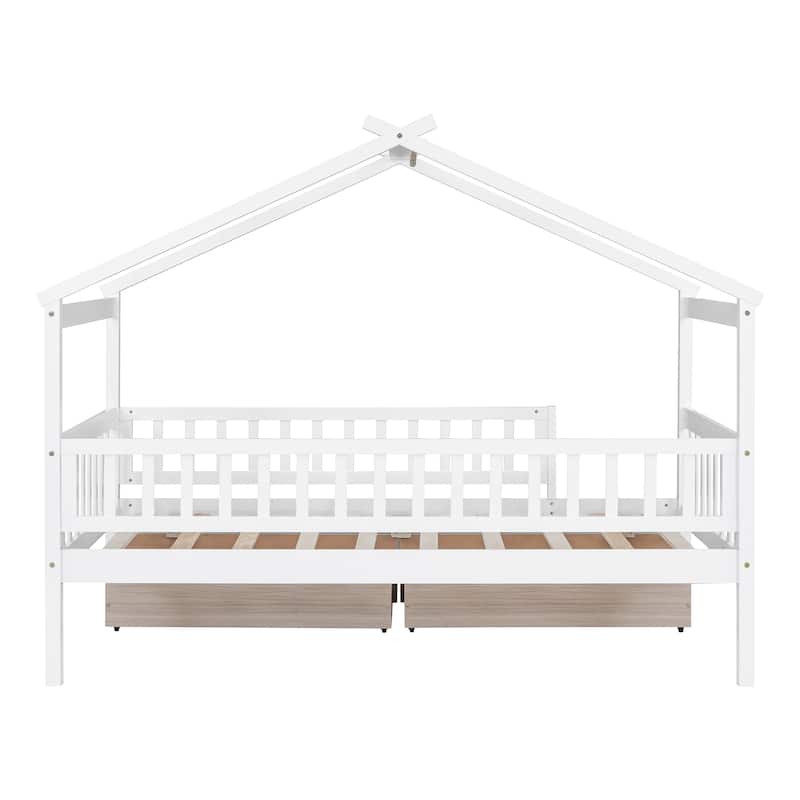 Twin Size Solid Pine Wood House Bed with Two Storage Drawers