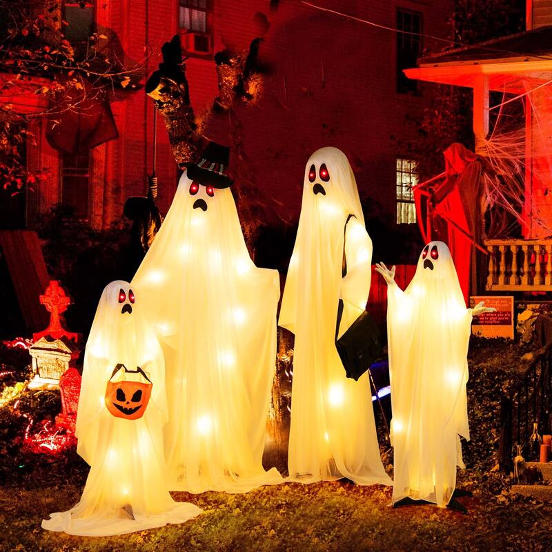 Costway 4 PCS Halloween Light up White Cloth Ghosts Life-size Standing - See Details