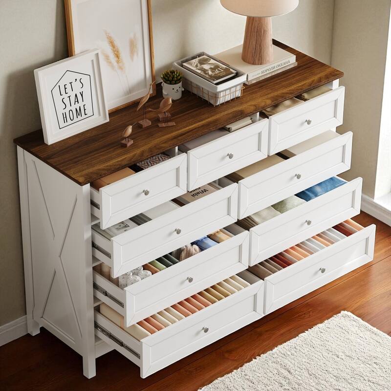 Rustic Wood 9-Drawer Dresser, Pine & MDF Chest with Silver Handles, Storage Organizer for Bedroom