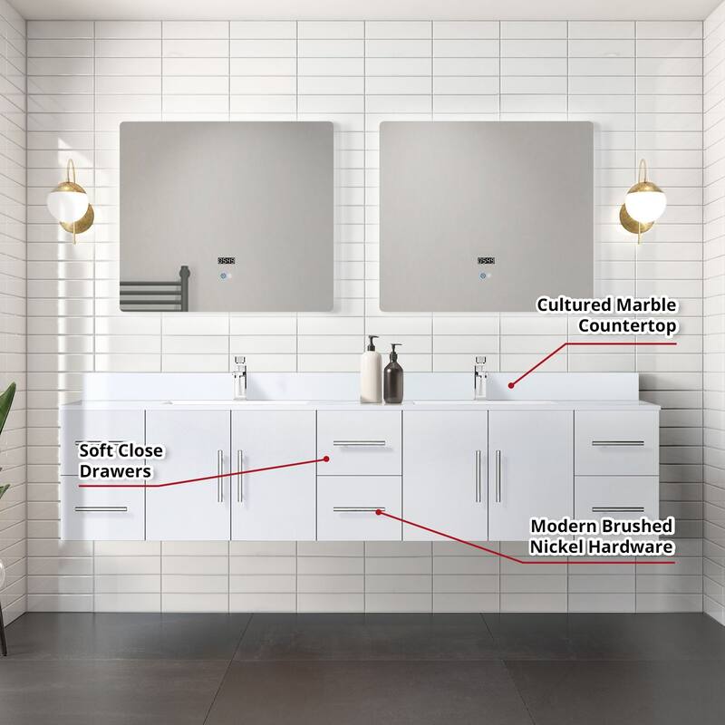 Geneva 84 in. W x 22 in. D Dark Grey Double Bath Vanity, Cultured Marble Top, Faucet Set, and 36 in. LED Mirrors